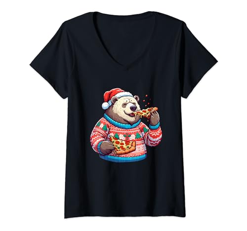 Suéter feo de Navidad oso comiendo pizza Camiseta Cuello V