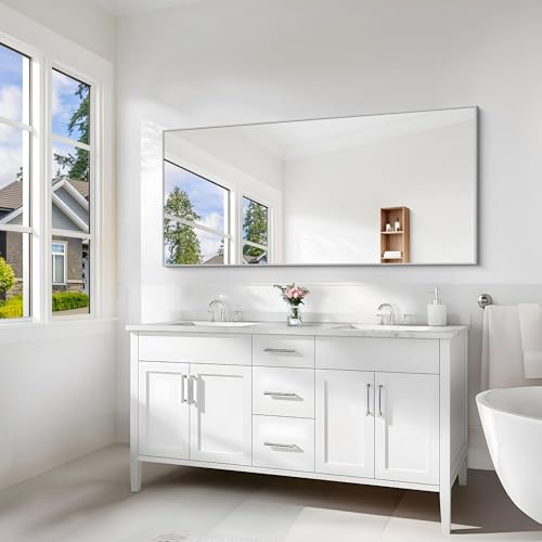 Image of COFENY Silver Bathroom Mirror for Wall, 30x60 Inch Rectangle Mirrors with Metal Frame, Modern Vanity Large Wall Mirror for Bathroom Living Room, Entryway Hangs Horizontal or Vertical