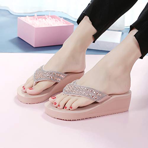 Rhinestone Flip Flops for Women Wedge Slippers Casual Beach Shoes Summer Platform Slides Wedge Sandals (Pink, 7)2