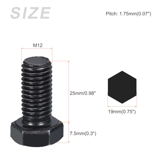 Image of METALLIXITY Hex Bolts (M12-1.75x25mm) 5Pcs, 8.8 Grade Carbon Steel Fully Threaded Black Oxide, Coarse Thread UNC Hex Head Screw Bolt - for Furniture Repair