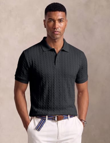 Image of JMIERR Men's Cable Knit Polo Shirts Elasticity Short Sleeve | Men's cable knit polo shirt with elasticity, machine wash, short sleeve, breathable textured knit for spring summer