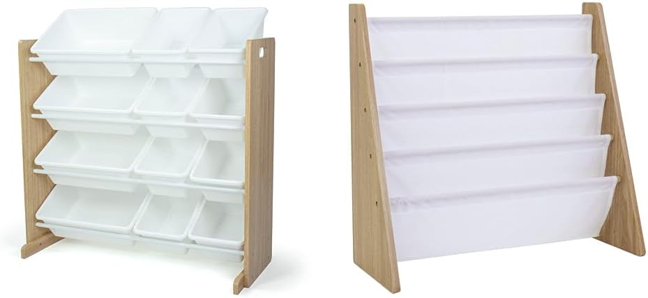 Humble Crew, Natural Wood/White Kids Toy Organizer with 12 Storage Bins & 4 Tier, Natural/White Kids Book Rack Storage Bookshelf with Deep Sleeves, Universal