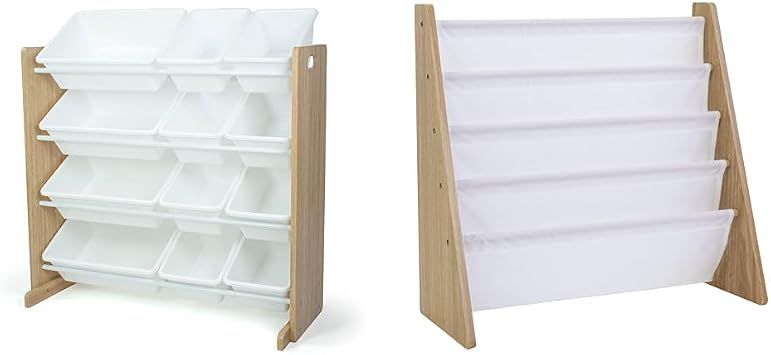 Humble Crew, Natural Wood/White Kids Toy Organizer with 12 Storage Bins & 4 Tier, Natural/White Kids Book Rack Storage Bookshelf with Deep Sleeves, Universal