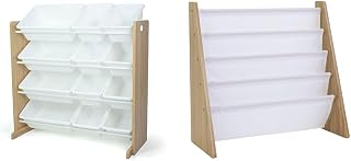Humble Crew, Natural Wood/White Kids Toy Organizer with 12 Storage Bins & 4 Tier, Natural/White Kids Book Rack Storage Bookshelf with Deep Sleeves, Universal
