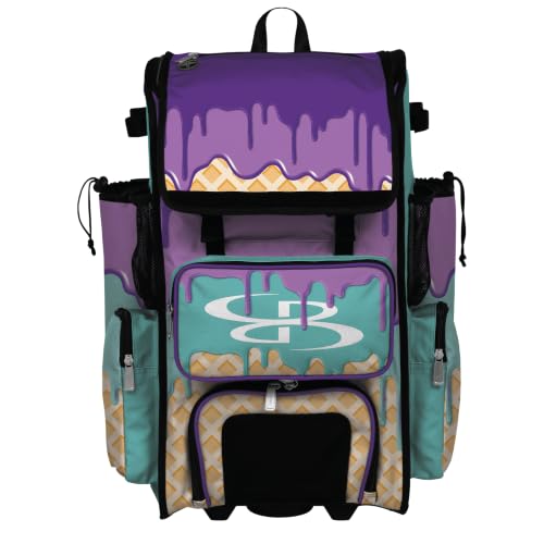 Boombah Rolling Superpack Baseball/Softball Gear Bag - Telescopic Handle - Holds 4 Bats - Wheeled Version - Soft Serve Slugger Violet/Bright Purple/Turquoise