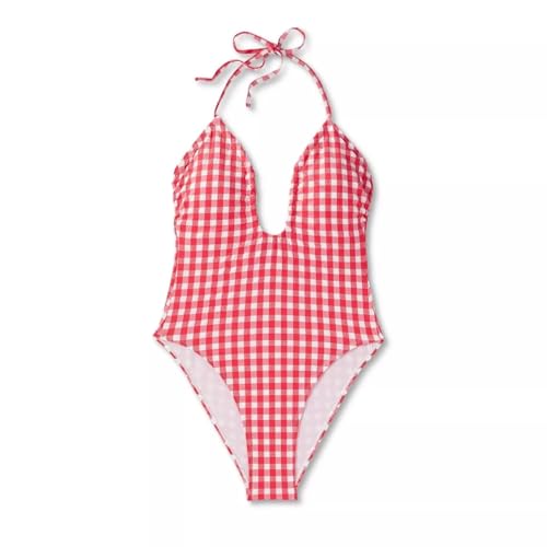 Wild Fable Traje de banho feminino frente cruzada frente única ultra alta atrevido vermelho guingão,