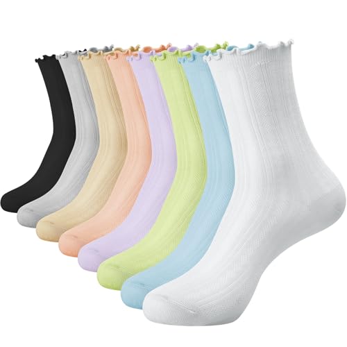 Jspupifip 8 Pairs Womens Ruffle Socks Turn-Cuff Crew Socks, Casual Cotton Dress Sock Frilly Breathable Ribbed Crew Sock