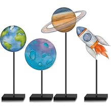 Yinkin 4pcs Back to School Space Theme Table Decor, Solar System Honeycomb Centerpieces, Wooden Table Topper for Room Office Classroom Outer Space Party Decorations