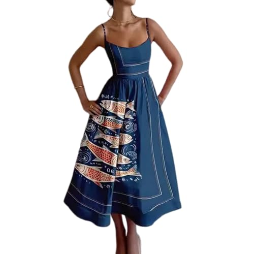 Spaghetti Strap Fit and Flare Midi Dress, Novelty Print High
