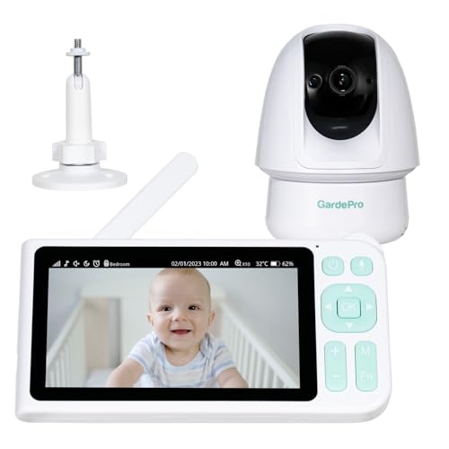 Image of GardePro Video Baby Monitor with 3000ft Long Range, 5” Display, 1080p FHD Camera, 2-Way Audio, No WiFi, Super Clear Night Vision, 5000mAh Battery, Pan Tilt Zoom, Lullabies, White