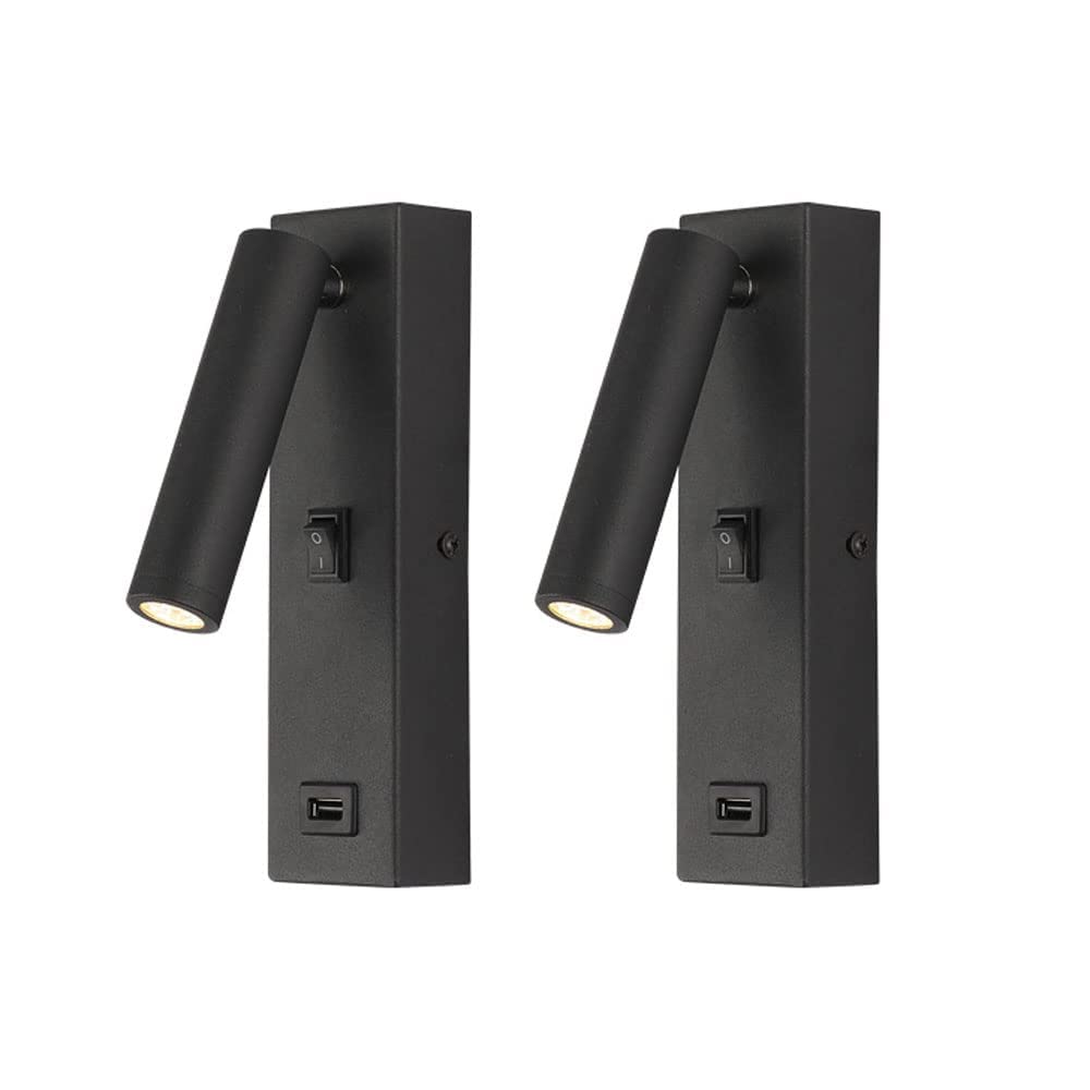 Wandleuchte, Einstellbarer Wand Sconce 2 Packungen Schlafzimmer Nachts Leselampe, Hardwired Wall Sconcet Schalter, Modernes Indoor-Kopfteilbeleuchtung, Usb-Ladeanschluss S/Black-6000K