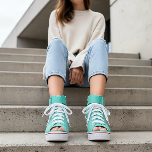 Image of OCHENTA Women's Peep Toe Wedge Sneakers Canvas Platform Shoes Side Zipper Lace up Buckle Fashion Sneakers Walking Shoes