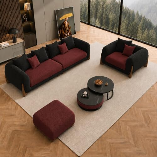 Image of Modern Boucle Sofa for Living Room Bedroom Reception and Office Wooden Polished Leg Sofa for Living Room (Black & Maroon)