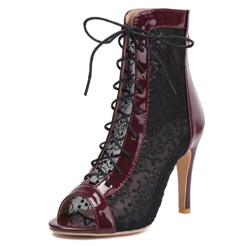 Image of Women's Lace Up Dance Heels Open Toe Mesh Sparkling Sequin Booties Peep Toe Stiletto High Heel Dance Shoes