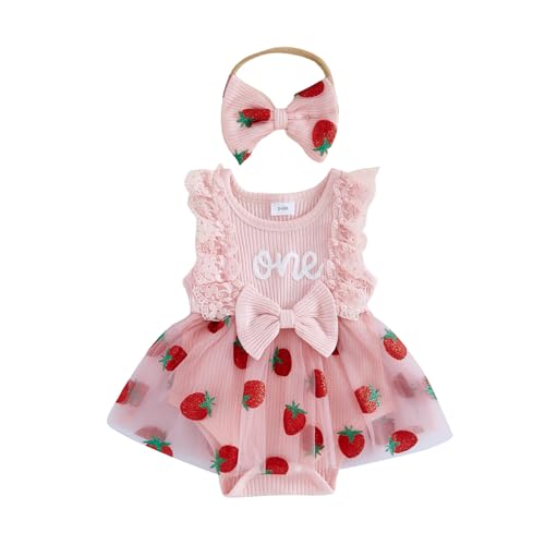 Baby Girl 1st Birthday Romper Dress with Headband Letters Floral Embroidery Lace Sleeveless Bodysuits Princess Dress Layered Tulle Tutu Skirt Girls First Birthday Outfit (Pink 9-12 Months)