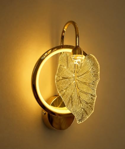 Image of Modern Gold LED Wall Light with Decorative Leaf Design, 3in1 Colour Change Wall Sconce, Metal & Glass Wall Lamp Ideal for Bedroom, Living Room, Hallway, Dining Room, Home Decor