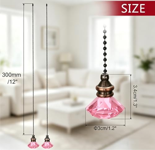 Image of 1pcs Crystal Diamond Ceiling Fan Pull Chain Ornament, 12 inch Ball Chain Pink Fan Light Pulls Decorative Extension with Connector
