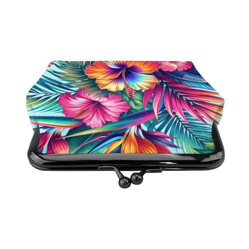 Pu Leather Buckle Coin Purse Hibiscus-Bird-Lush-Palm Girls Kiss-Lock Change Purse Wallets2