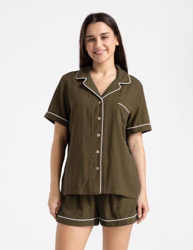 Image of Womens Muslin Pajama Set 100% Cotton Double Gauze Linen Like Breathable Soft Button Up Loungewear Sleepwear PJ Set