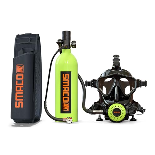 SMACO Mini Scuba Tank with Full Face Diving Mask,S400 Pro 1L Portable Mini Diving Tank Reusable Pony Bottle up to 20 Minutes Dive Time Diving Cylinder for Underwater Exploration Rescue