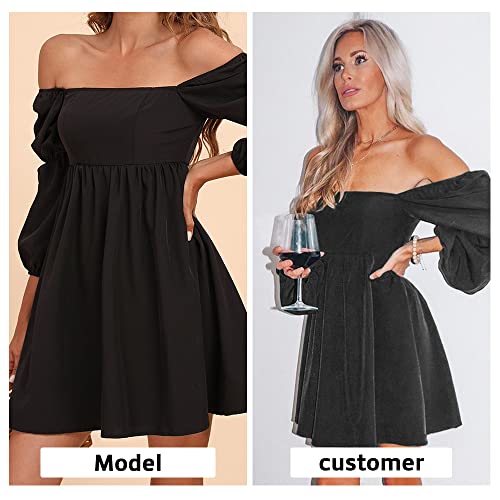 Exlura Womens Square Neck Dress Long Puff Sleeve A-Line Casual Short Mini Dress Black #TOP6