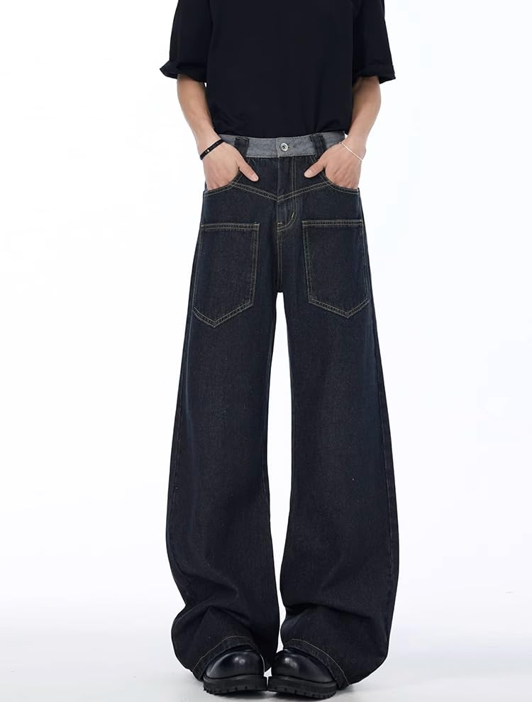 Men's Pants Workwear Denim Patchwork Retro Loose Fit American Spring Trouser for Men 6