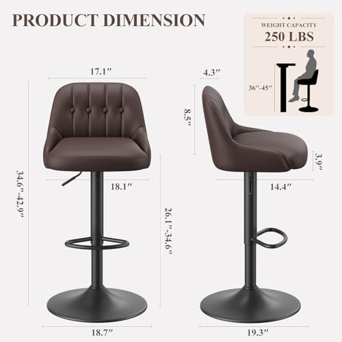 Image of MALOL Bar Stools Set of 2, Swivel Bar Chairs, Modern Adjustable PU Leather Upholstered Barstools Counter Height with Tufted Back for Bar, Kitchen Counter Island, Dining Room, Brown