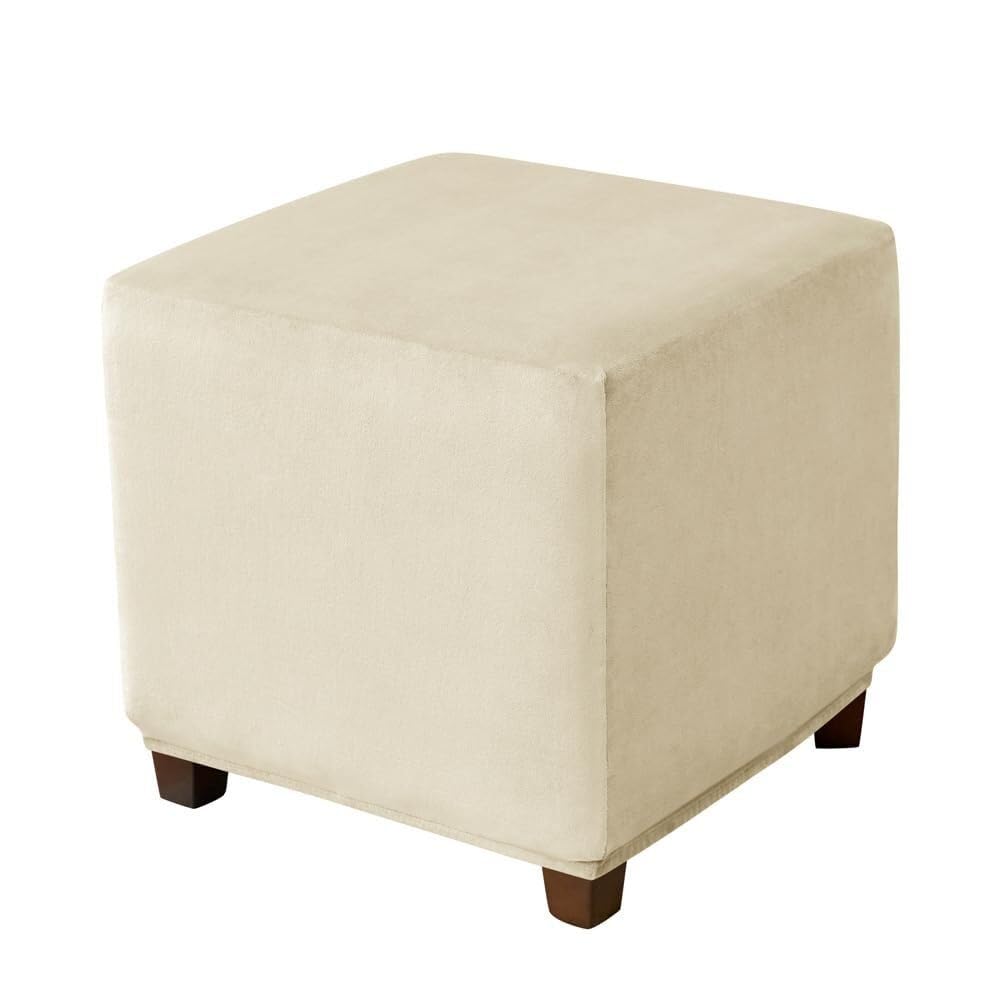 Funda de Terciopelo Cuadrada for otomana, Funda elástica Rectangular for reposapiés, Funda Protectora for Taburete con Base elástica, Fundas for reposapiés extraíbles(Beige,S)