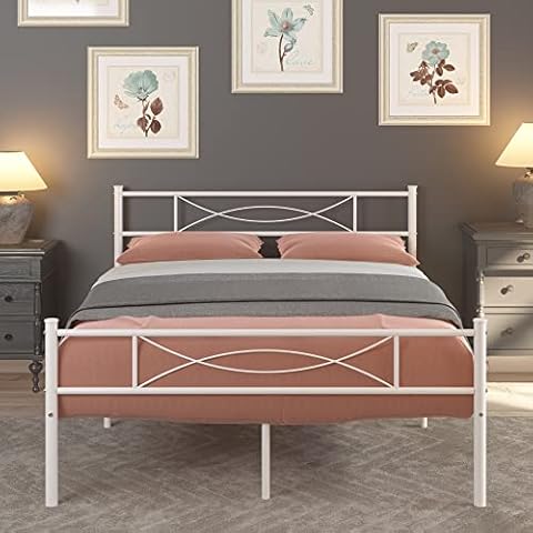 SimLife Full Size Bedframe Metal Bed Frame with Headboard and Footboard Mattress Foundation Support Platform Bed No Box Spring Needed, Popular Style White Cover
