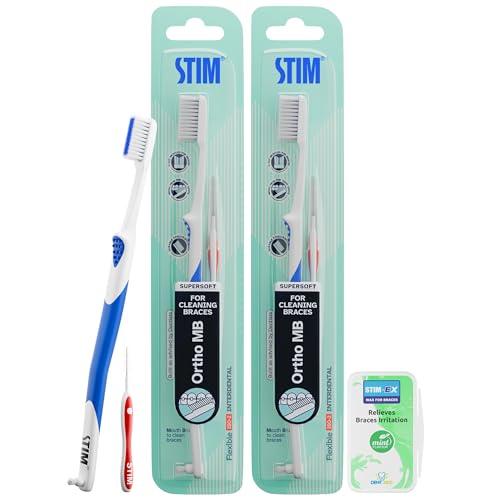 Image of STIM Ortho MB Toothbrush Combo for Braces Care | Supersoft Bristles for Orthodontic Cleaning | Includes Wax Strip for Braces Irritation Relief