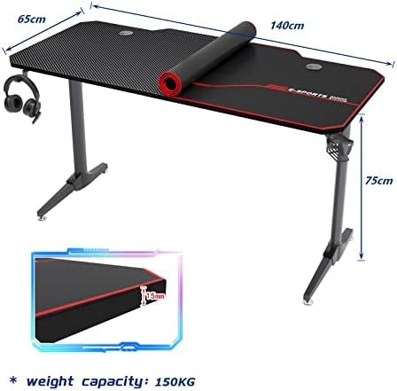 sogesfurniture Gaming Desk Ergonomic Computer Desk PC Gaming Desks with Free Large Mouse Pad, USB Gaming Handle Rack, Cup Holder & Headphone Hook, 140x65x75cm, Black ST-Eagle-1400BK-BH