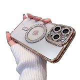 Sakanana 兼用 スマホケース iPhone 15 Pro ケース キラキラ クリア Magsafe対応 ラインストーン カメラレンズ保護 ラメ おしゃれ 可愛い ソフト シンプル マグネット搭載 ワイヤレス充電対応 耐衝撃 黄ばみなし 軽量 薄型 ストラップホール付き （ゴールド）