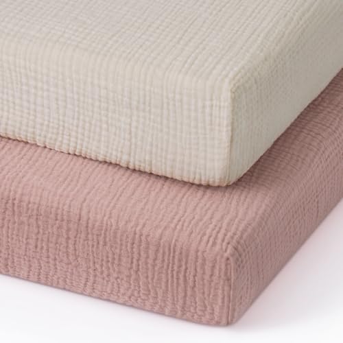 Image of Blissful Diary Muslin Mini Crib Sheets, Pack and Play Mattress Sheets Fitted for Pack N Play, Soft Cotton for Boys Girls, 2 Pack(Cream&Pink)