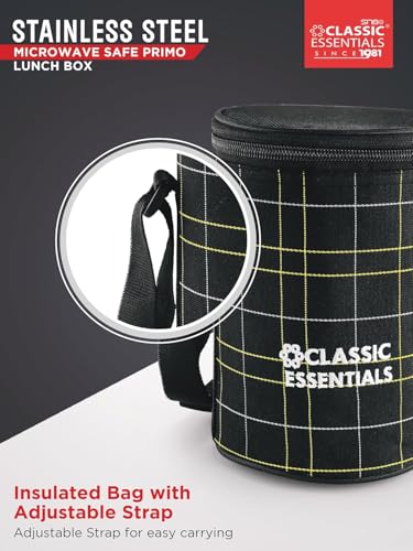 Image of CLASSIC ESSENTIALS Lunch Box, Microwave Safe & Leak Proof, 3 Inside Steel Containers with BPA Free Lids (250ml, 400ml & 600ml), Insulated Fabric Bag (Black)