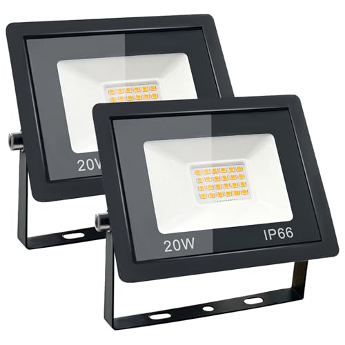 20W Focos LED Exterior， 3000K Proyector Led Exterior, IP66 Impermeable Foco Proyector LED， para Casa, Garaje, Patio, Camino, Jardín (2PC)