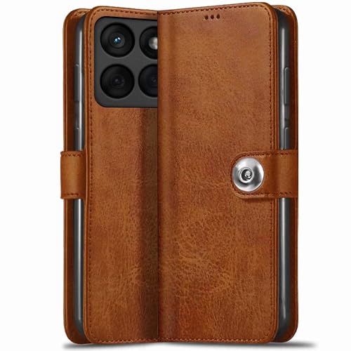 Image of TheGiftKart Flip Cover Back Case for Motorola Moto Edge 60 Fusion 5G / Moto Edge 60 5G | Genuine Leather Finish | Designer Button | Inbuilt Pockets & Stand | Flip Back Cover Case (Faux Leather, Brown)