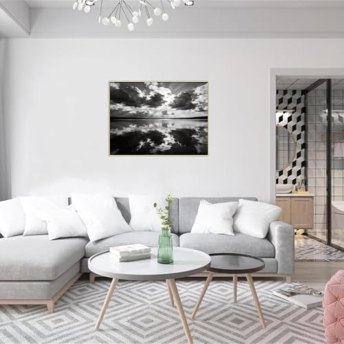Tableau paysage noir et blanc Lac Nuages 2 grand format 80x105cm cadre argenté - 3