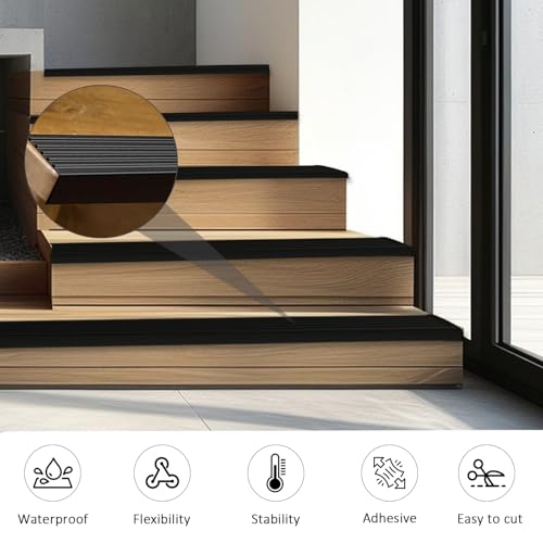 Treppenkantenprofil Selbstklebend, 4m Treppenkantenschutz, Selbstklebend Kantenschutz Treppe, Gummi Antirutsch Treppenstufen Rutschfeste Treppenkant für Außen und Innenbereich (Schwarz, 4m)