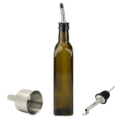 XYUN Olive Oil Bottle,17 OZ Dark Brown Kitchen Oil Bottle Against Sunlight with 2 Oil Dispensing Pour Spouts for Easy Pouring,1 Stainless Steel Aided Funnel for Refilling,Leakage-free Oil Dispenser