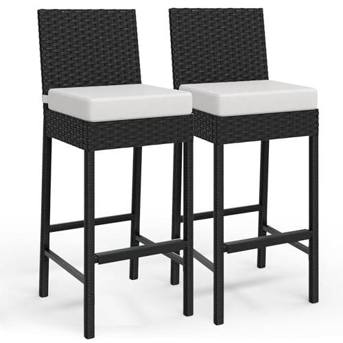 Garvee 2er-Set Barhocker Rattan Outdoor Wetterfeste Barstühle mit Sitzkissen Armlose Terrassenhocker für Balkon & Garten in Barhöhe