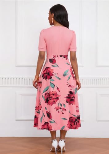 Image of MarryUP Women's Midi Dresses - V Neck Cocktail & Church Tea Dresses - Short Sleeve A-Line Swing Dress