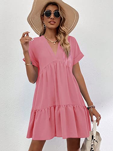 Image of WDIRARA Women's Roll Up Short Sleeve V Neck Ruffle Hem Solid Swing Smock Dress