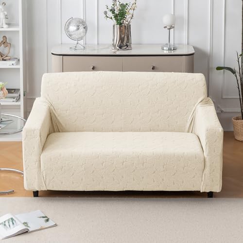 Image of House of Quirk Universal Jacquard Fabric Sofa Cover - Soft, Stretchable Couch Slipcover, Flexible Fit, Wrinkle-Resistant & Easy to Clean (Beige, Two Seater)