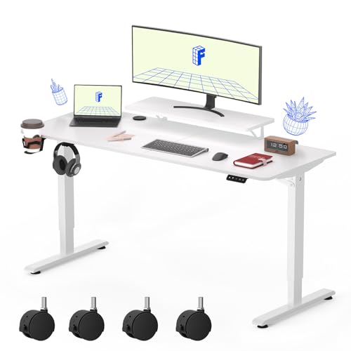 FLEXISPOT Electric Height Adjustable Desk,Standing Desk, Ergonomic Desktop, with Monitor Shelves, Standing Computer Desk, Easy Assembly, Home Office Storage Function (WHITE,140 * 60)