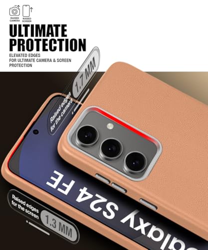 Image of WOW IMAGINE Back Cover for Samsung Galaxy S24 FE 5G | Shockproof Tough Leather Texture Hard Mobile Case | Ultra Slim Non-Slip Grip | Inner Velvet Fabric | Metal Camera Ring - Tan Brown