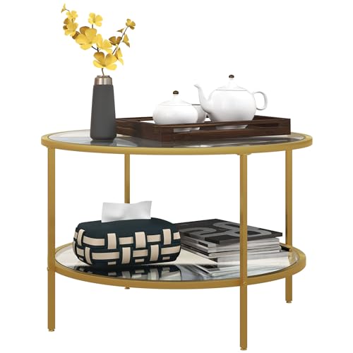 HOMCOM Round Coffee Table with Storage, Tempered Glass 2-Tier Coffee Table with Steel Frame, for Living Room, Gold Tone