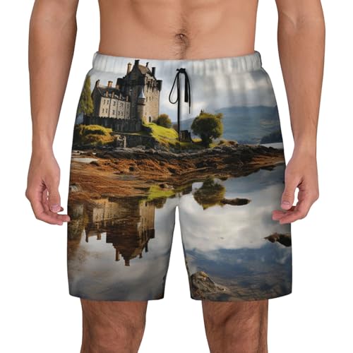 Men's Swim Trunks Quick Dry Board Shorts Scotland Castle Water Lake Scottish Beach Shorts with Pocket Bathing Suits for Men