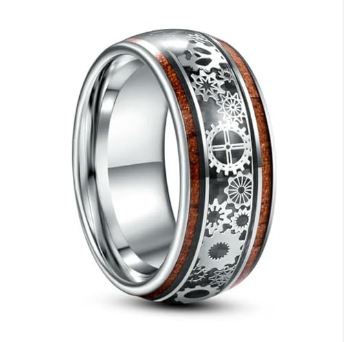 YAHOYA 10mm Carbure De Tungstène Bague Dôme en Acier Incrusté Grain De Bois Engrenage Motif Hommes Mode Bijoux De Mariage Meilleur Cadeau