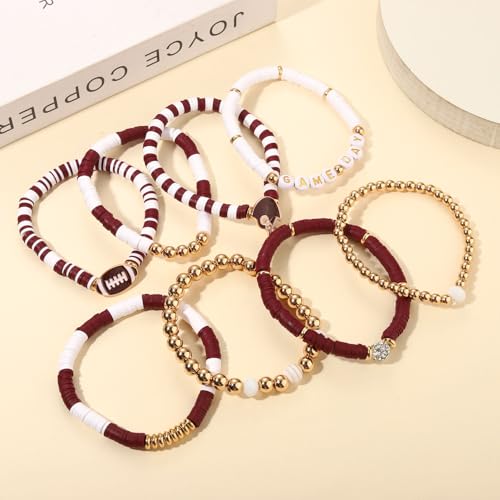 Game Day Bracelets for Women Football Bracelets Red Black Blue Heishi Clay Beaded Stretch Bracelets Stackable Sports Football Charm Bracelet Bangles Football Mom Accessories Outfits Jewelry Gifts (Burgundy White 1) by NVENF - Used condition - Image 5