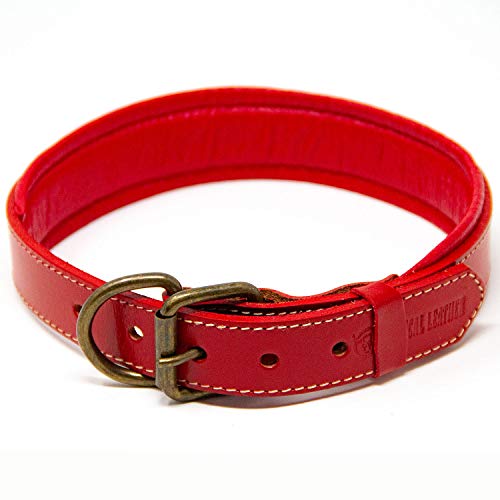 Logical Leather Padded Dog Collar - Best Full Grain Heavy Duty Genuine Leather Collar - Red - Large